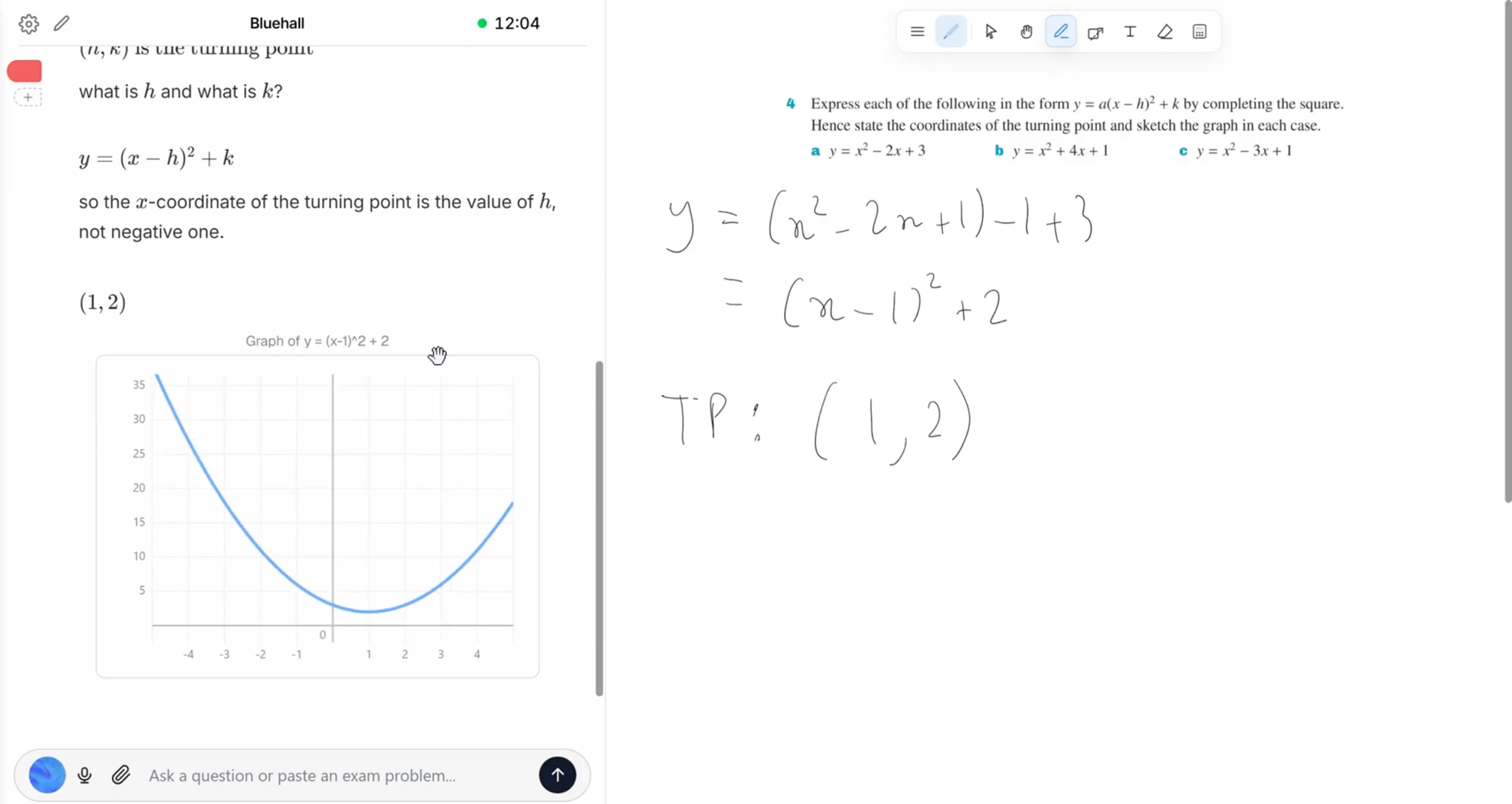 A live Bluehall session: the tutor's working on the left, a shared whiteboard on the right, mid problem