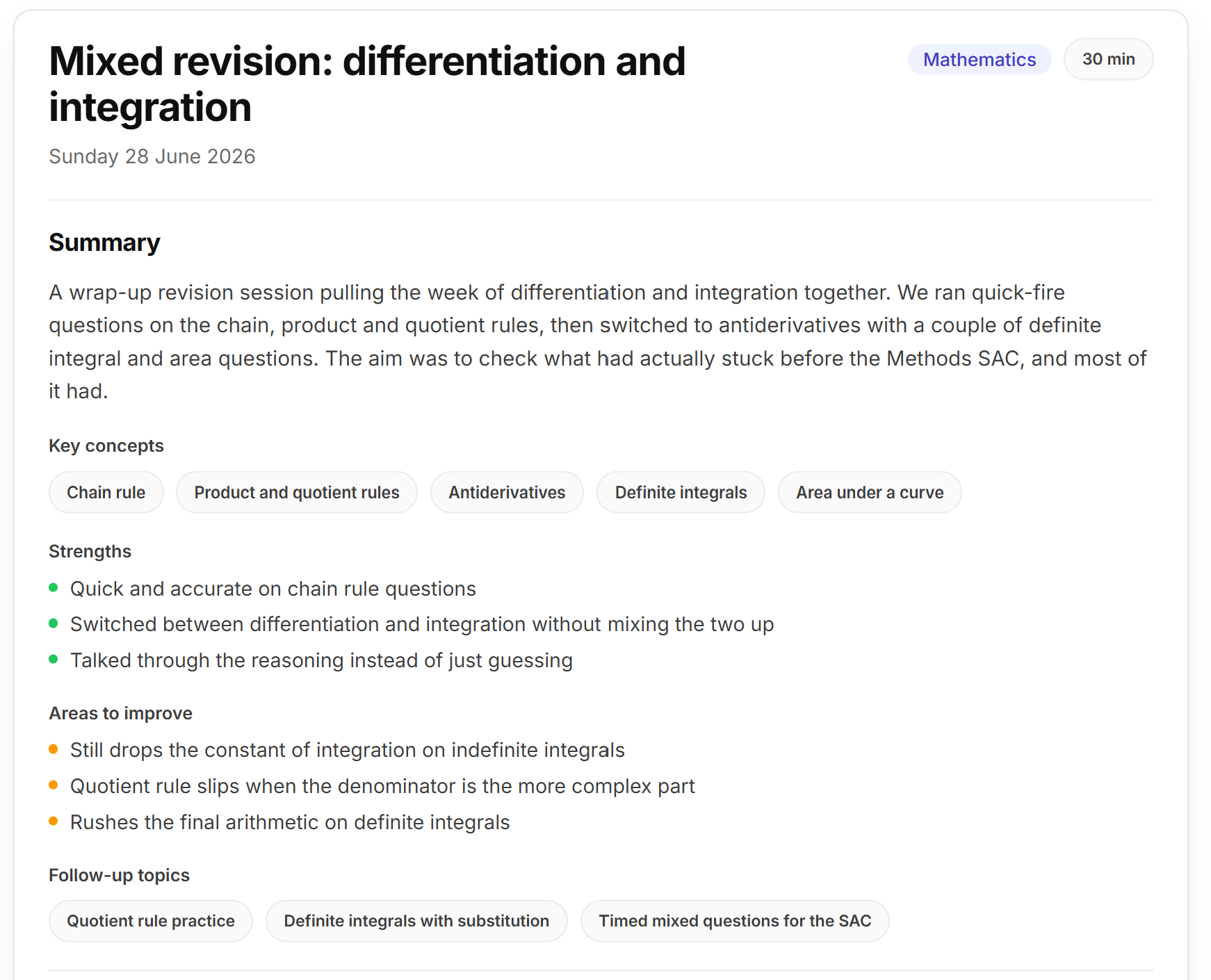 Session summaries and history